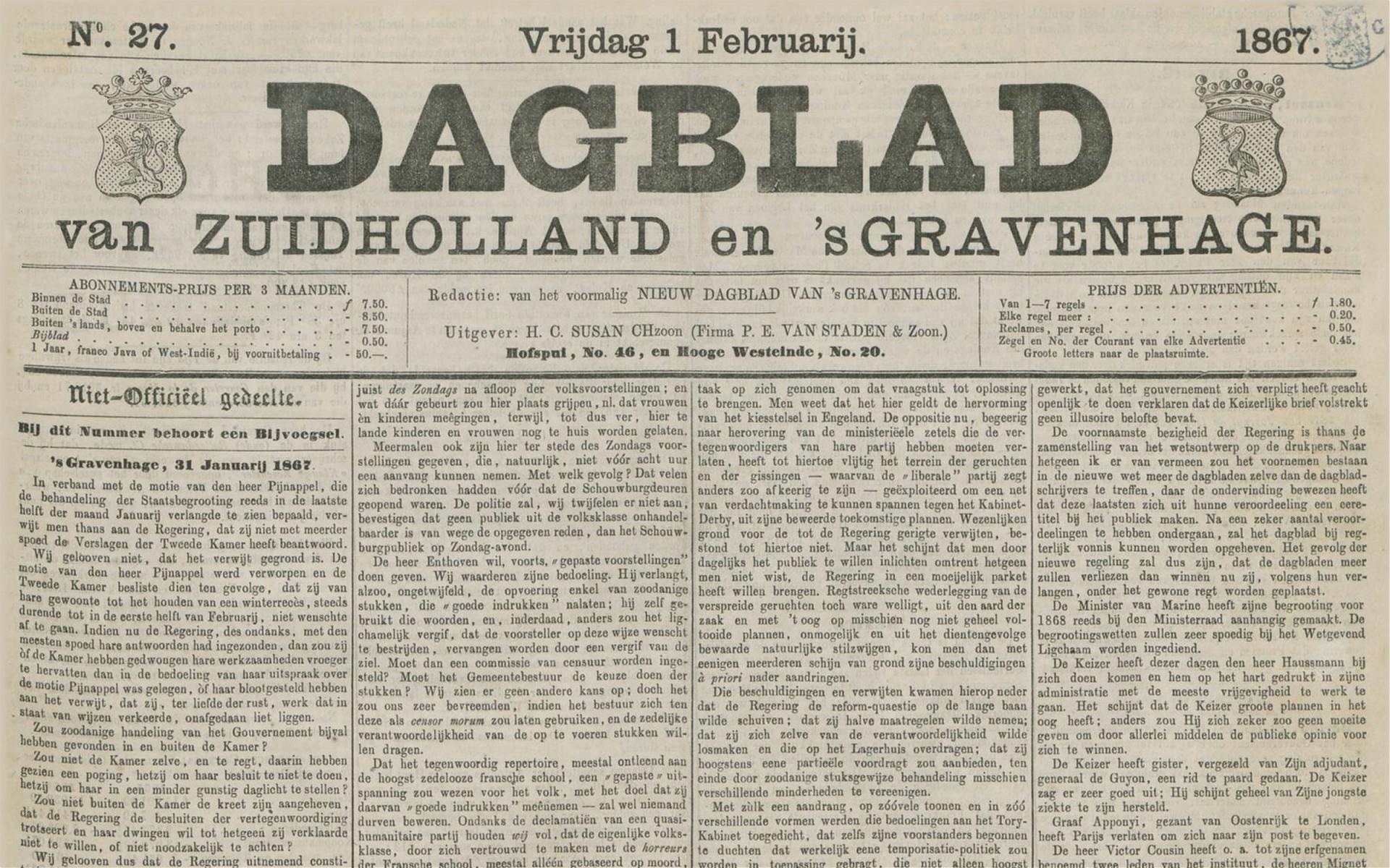 Dagblad van Zuidholland 'sGravenhage 1867